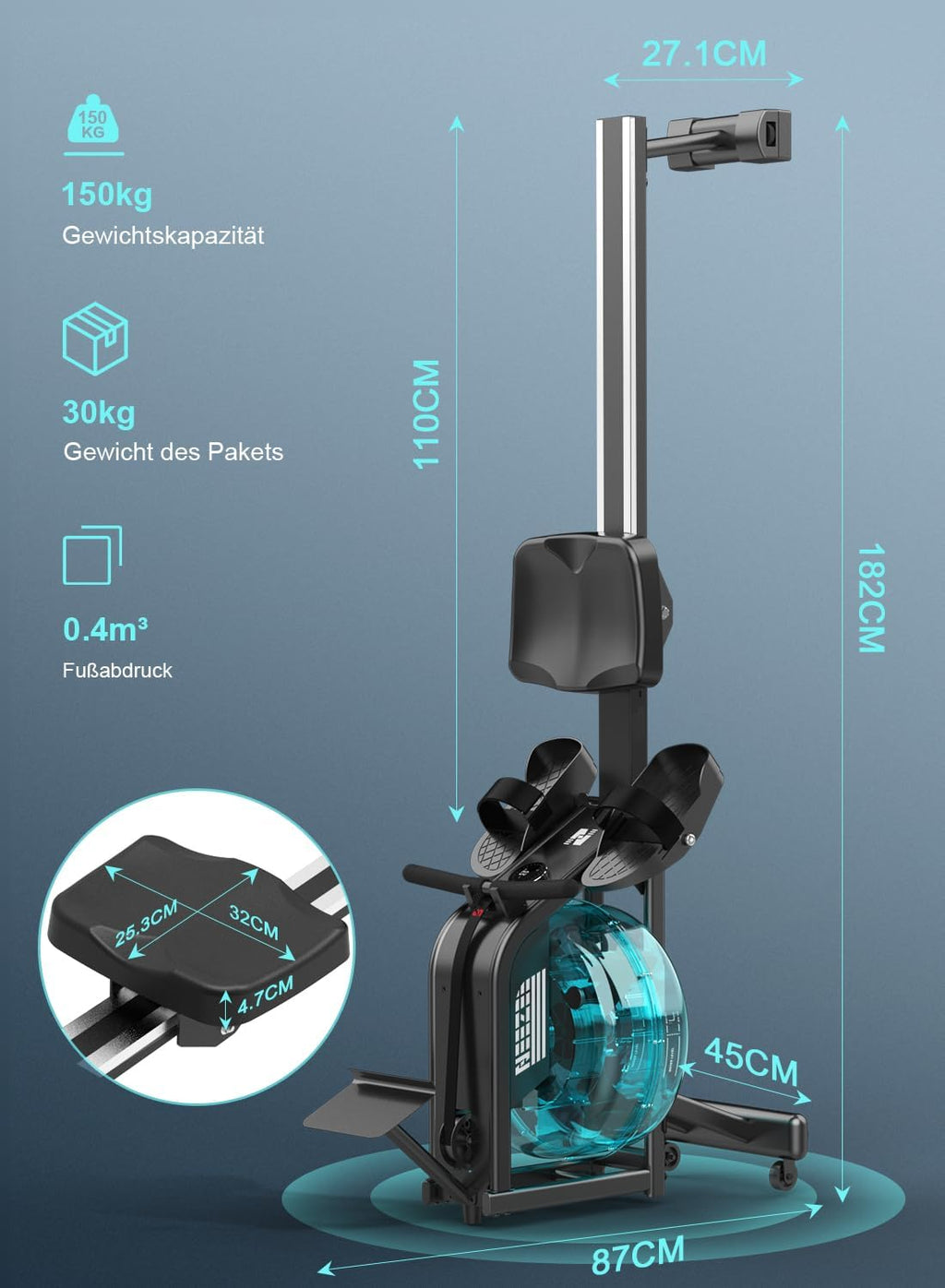 NEEZEE Wasserrudergerät: Bluetooth-Monitor, Tablet-Halterung, 150 kg Kapazität
