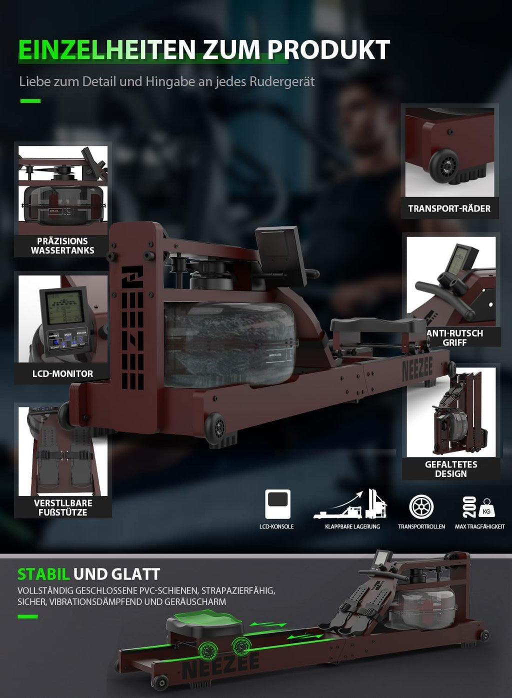 Neezee Water Rudergerät: Massivholz-Heimtrainer