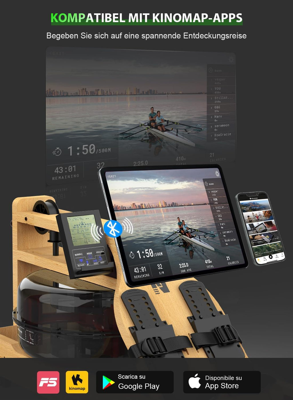 Neezee Water Rowing Machine | Solid Wood, Foldable, Bluetooth Display