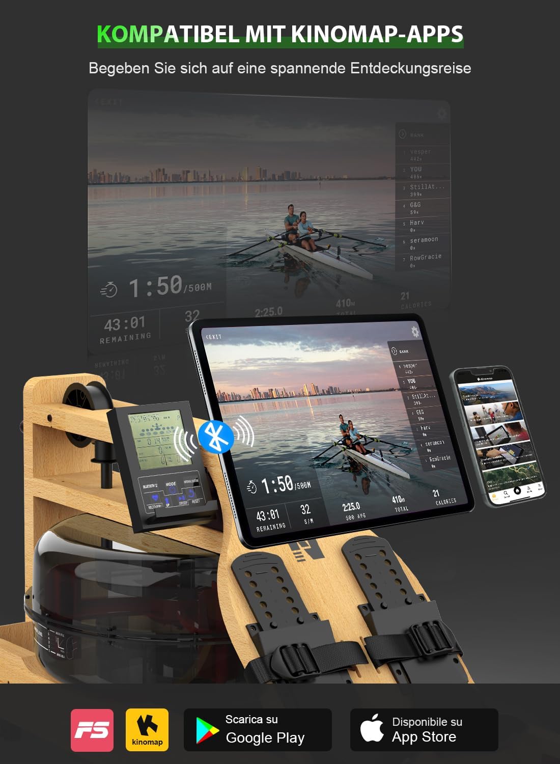 Neezee Water Rowing Machine | Solid Wood, Foldable, Bluetooth Display