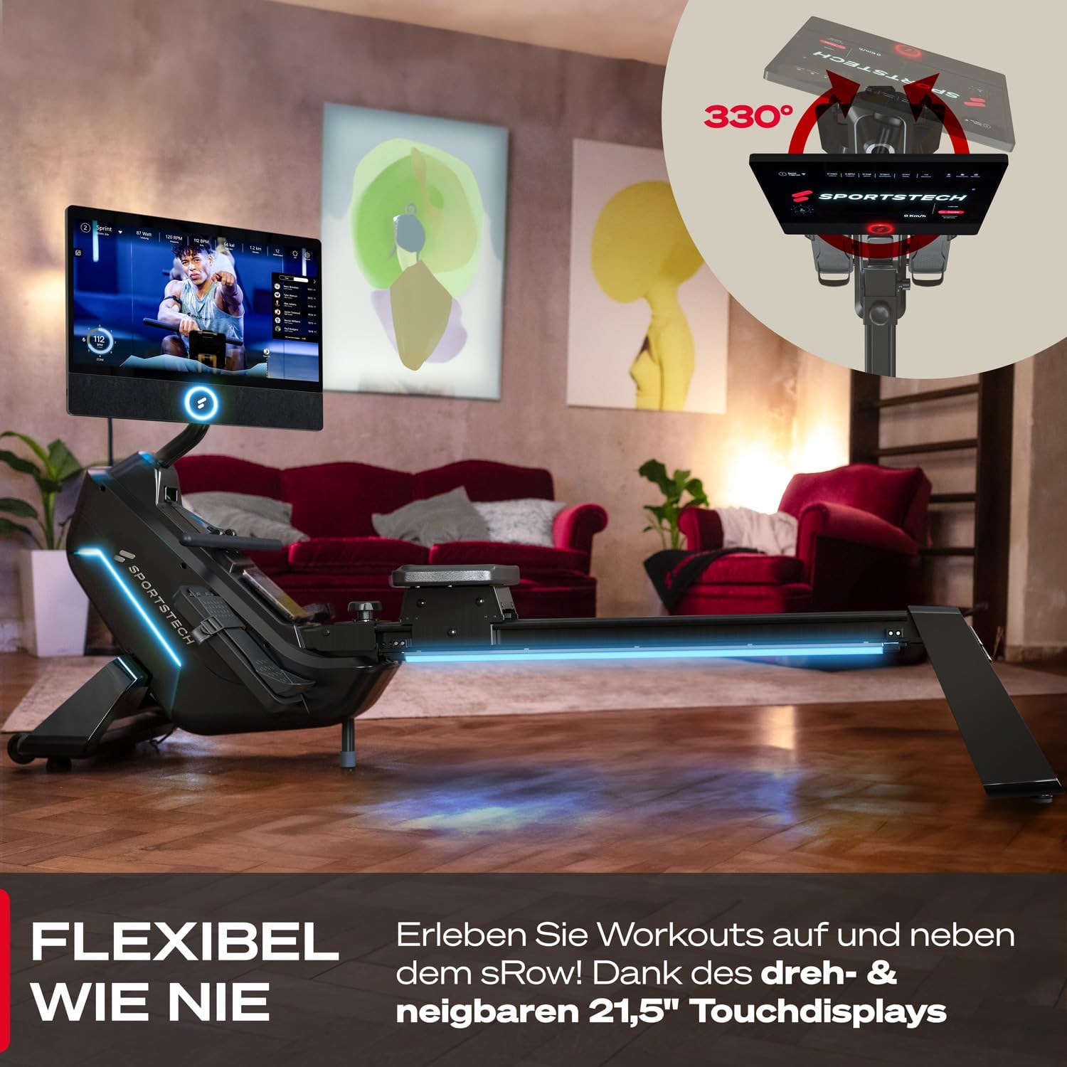 Sportstech Premium Rudergerät mit 21,5" Touchscreen & App