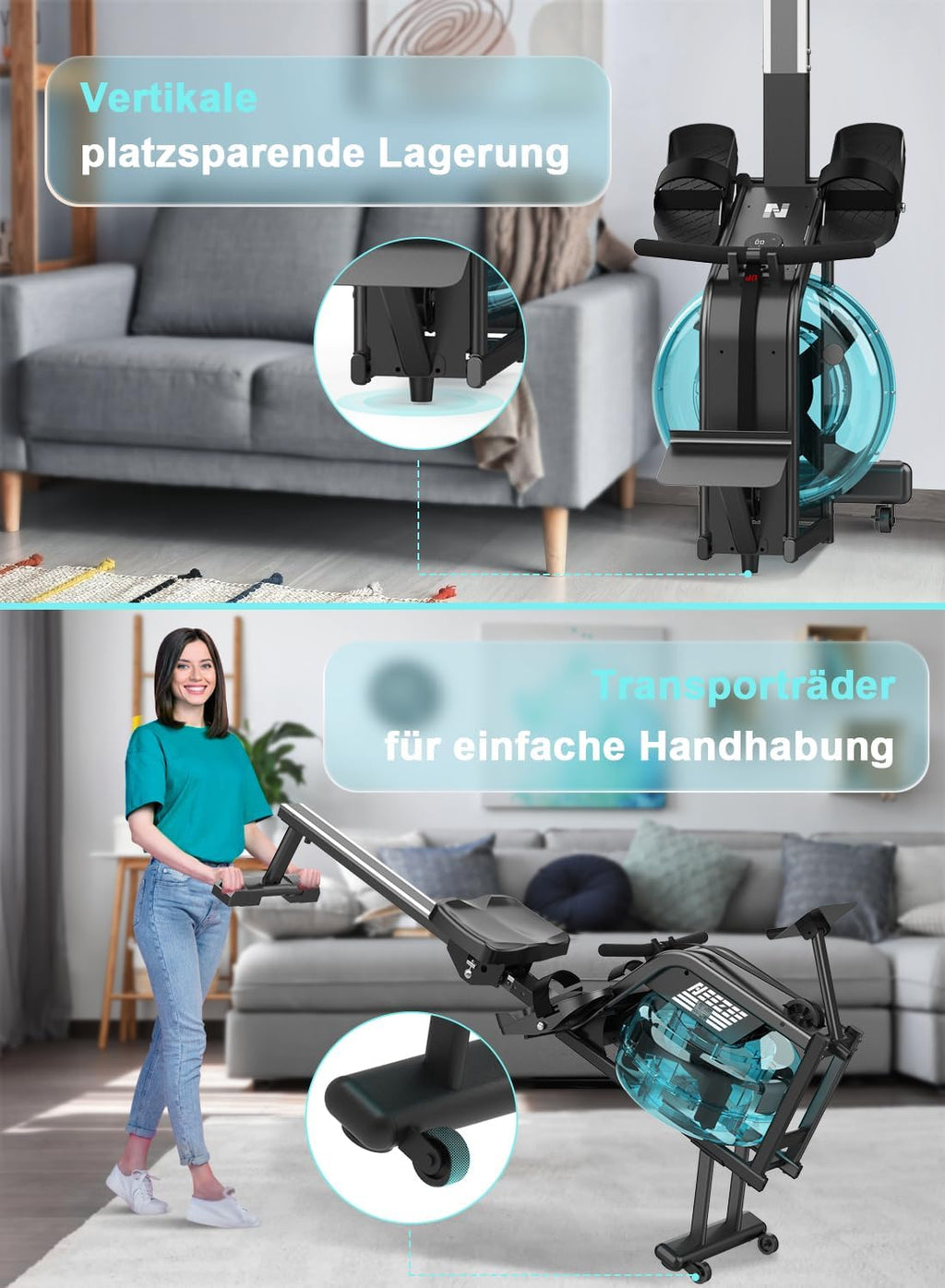 NEEZEE Wasserrudergerät: Bluetooth-Monitor, Tablet-Halterung, 150 kg Kapazität