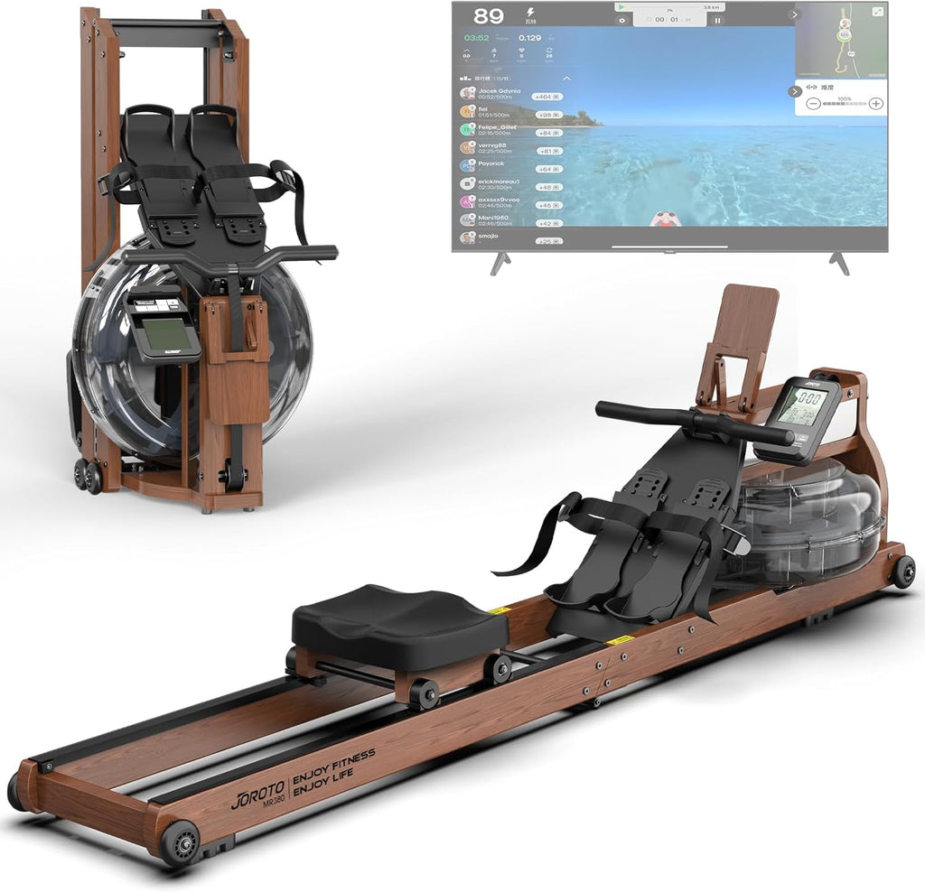 JOROTO MR380/MR390: Klappbares Eichenholz‑Rudergerät mit 28 L Tank und Bluetooth‑Monitor