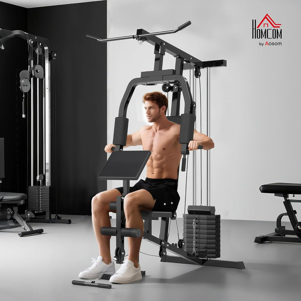 HOMCOM Home Gym Kraftstation – Latzug, Kabelzug, Brustpresse, Beintrainer