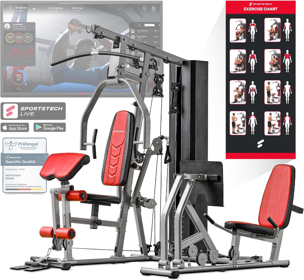 Sportstech HGX300: Multifunktions-Kraftstation mit Beinpresse, Stepper & Powertower