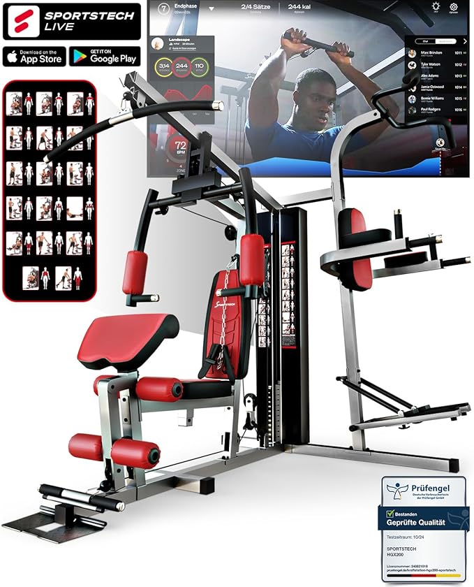 Sportstech HGX200: Multifunktions-Kraftstation mit Stepper, Beinpresse & Powertower
