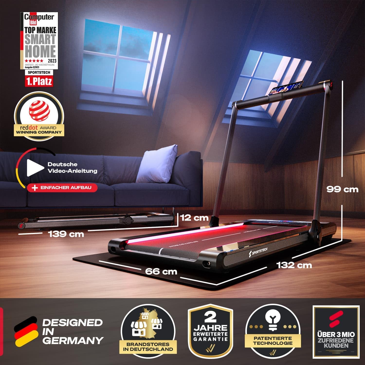 Sportstech Klappbares LED‑Laufband: Walking Pad mit Bluetooth‑App