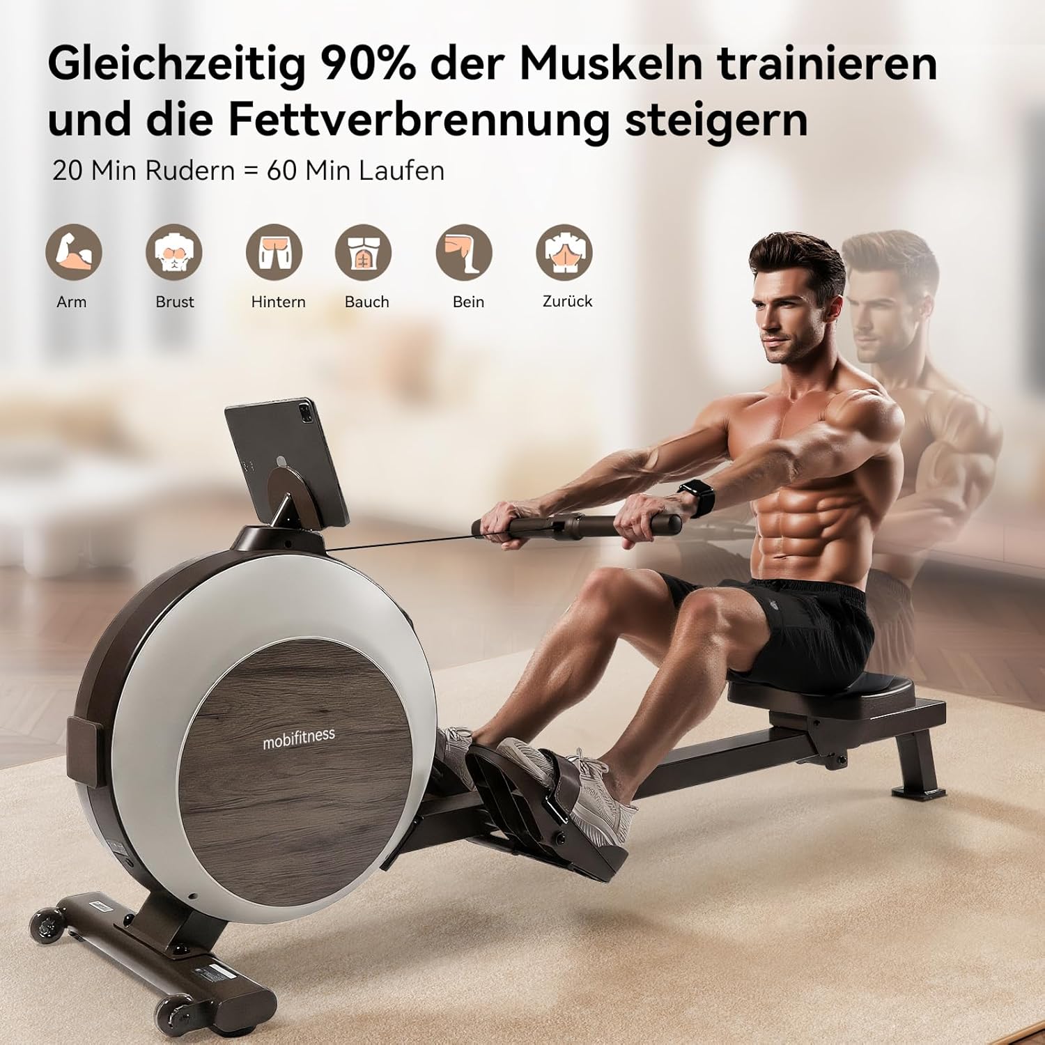 MOBI FITNESS Rudergerät: Magnetisch, leise, 40 Widerstände, LED