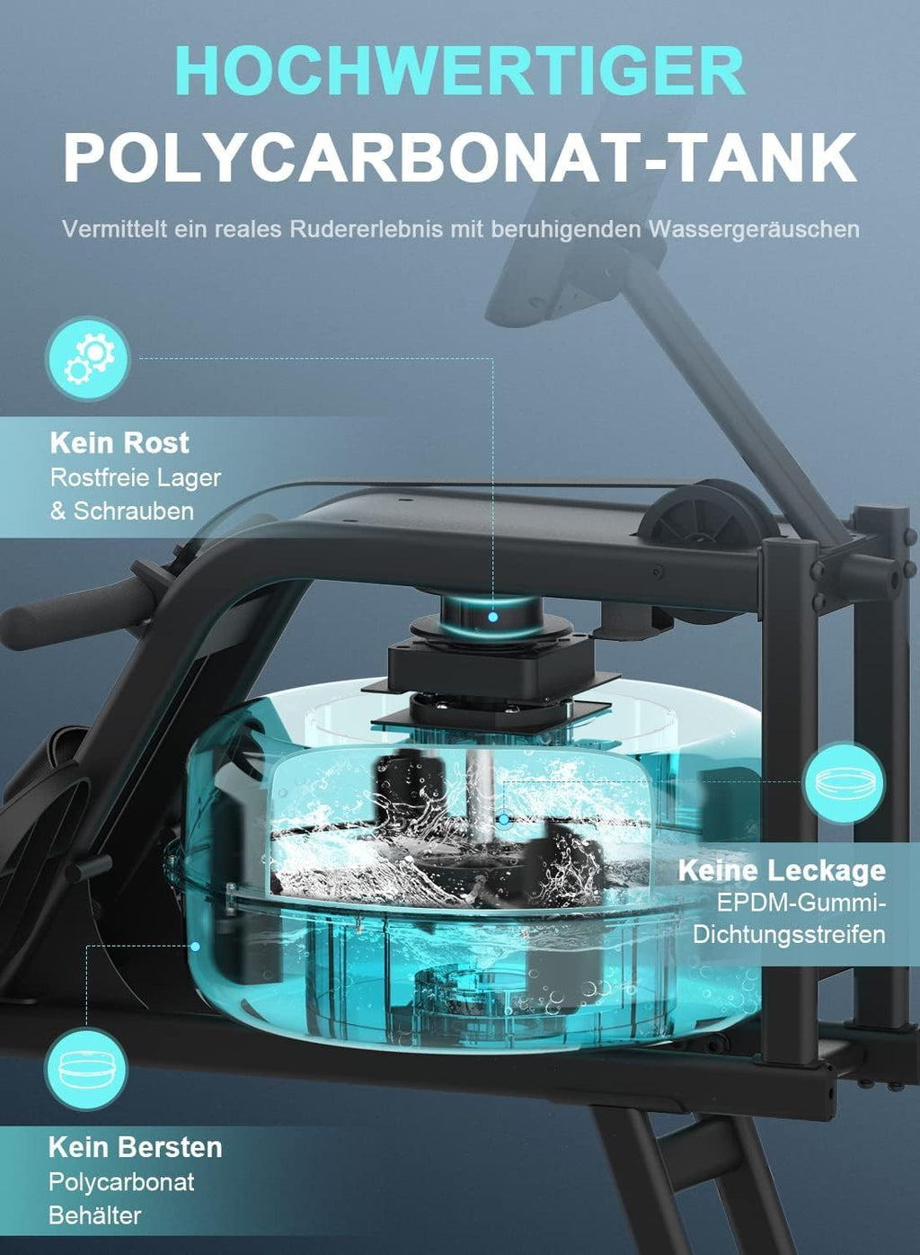 NEEZEE Wasserrudergerät: Bluetooth-Monitor, Tablet-Halterung, 150 kg Kapazität