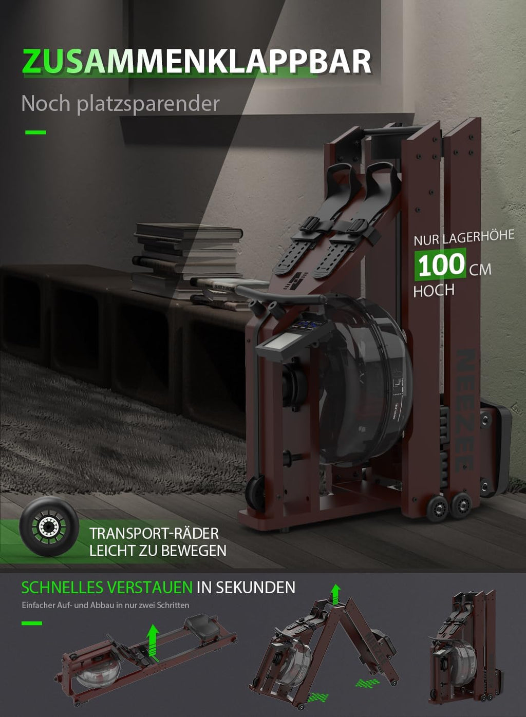 Neezee Water Rudergerät: Massivholz-Heimtrainer