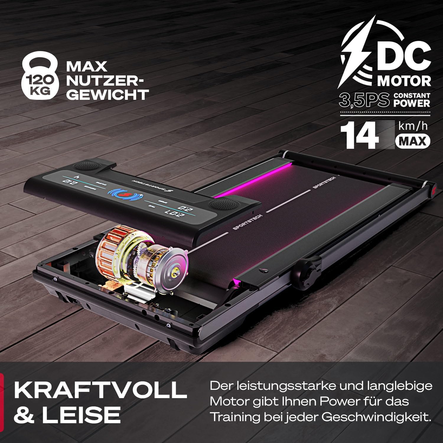 Sportstech Klappbares LED‑Laufband: Walking Pad mit Bluetooth‑App