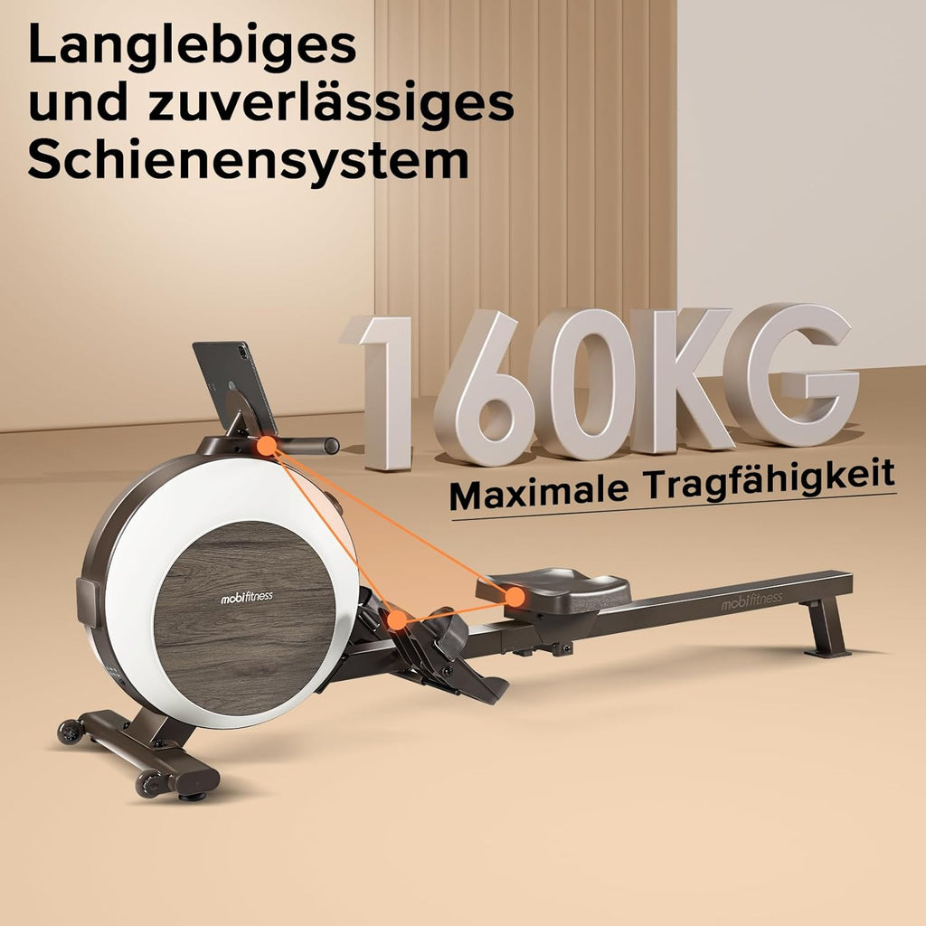 MOBI FITNESS Rudergerät: Magnetisch, leise, 40 Widerstände, LED