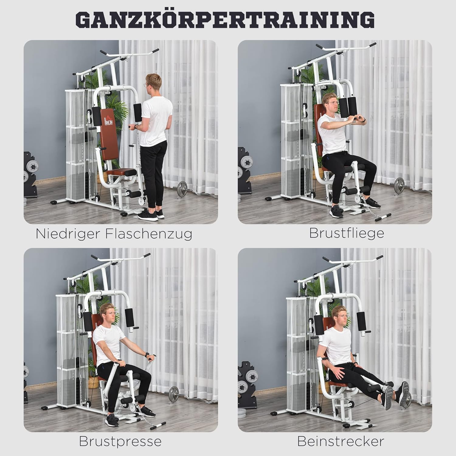 HOMCOM Multistation: Kraftstation mit Latzug, Butterfly & 45 kg Gewichten