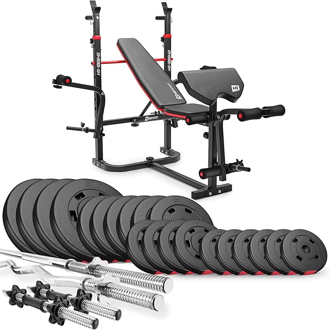 Hop-Sport Hantelbank: Multifunktional mit Latzug, verstellbarer Schrägbank & Hantelset
