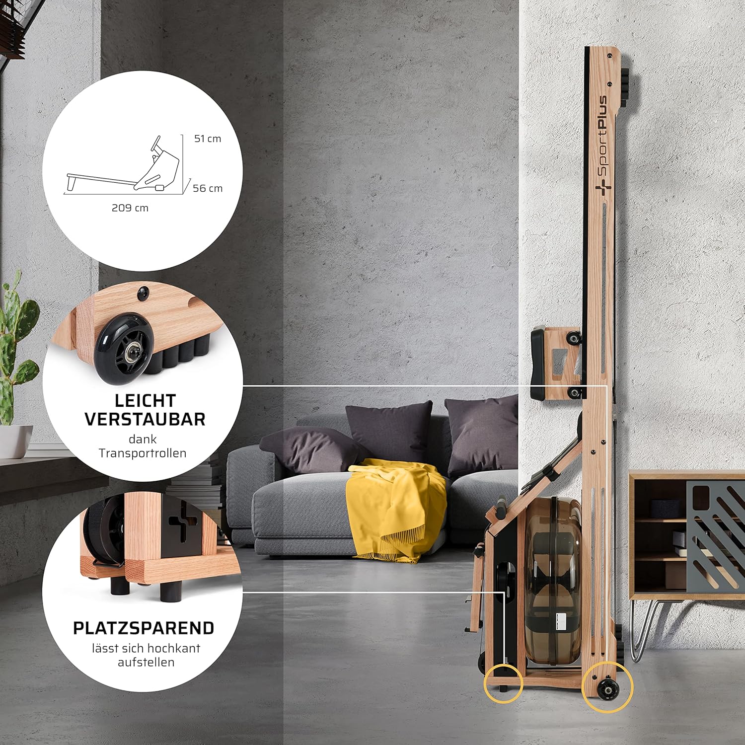 SportPlus Water Rowing Machine Solid Oak Wood Rower App-Compatible